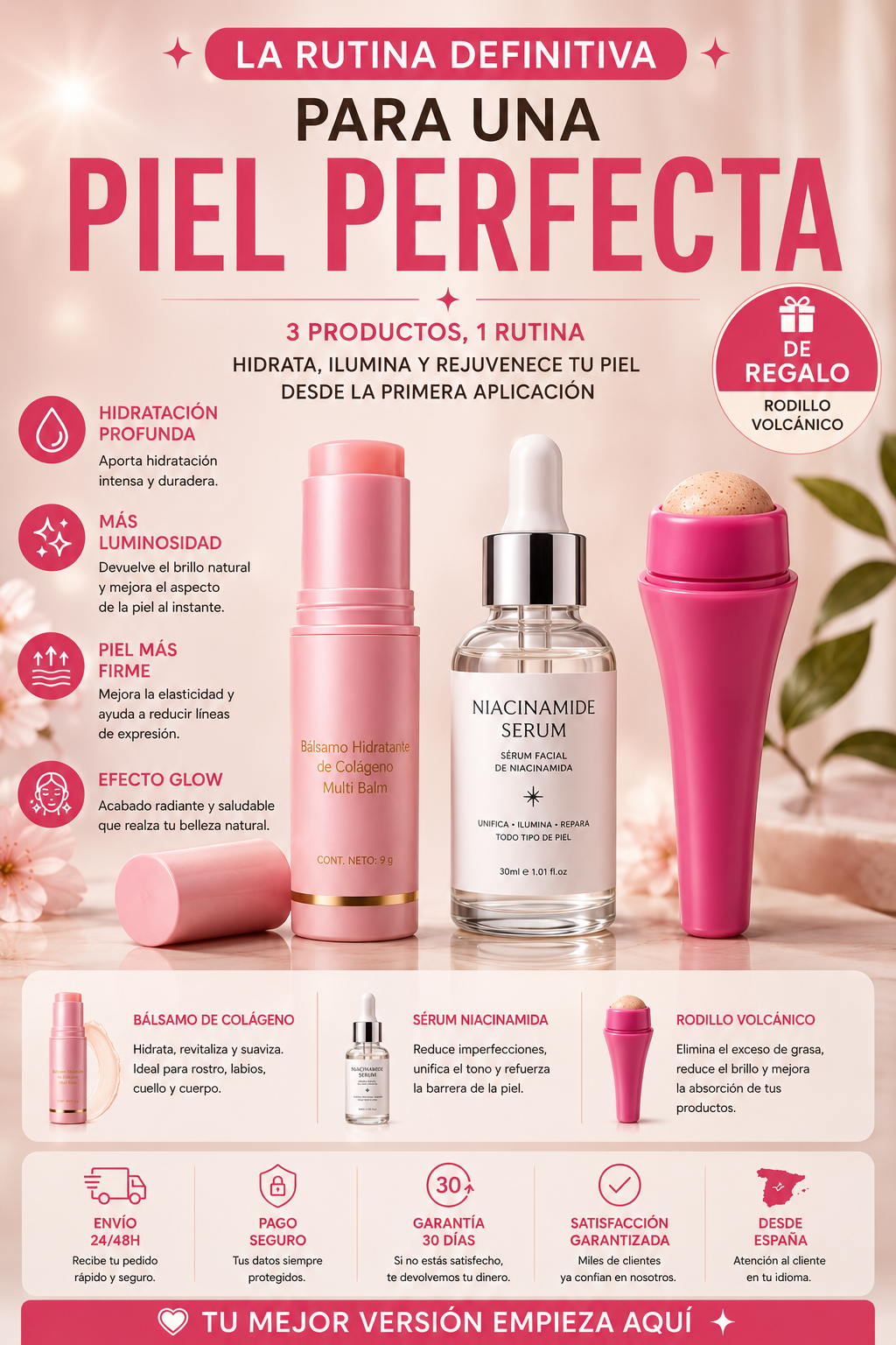 Rutina Facial Glow Premium | Bálsamo de Colágeno + Sérum + Rodillo de Regalo