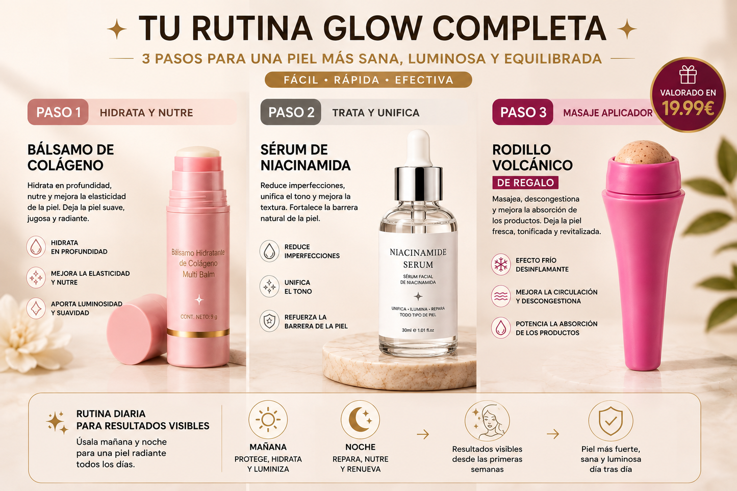 Rutina Facial Glow Premium | Bálsamo de Colágeno + Sérum + Rodillo de Regalo